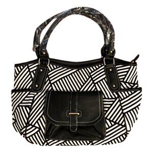 Black / White Geometric Design Shoulder Bag w/ End Pockets & Flap Front - New